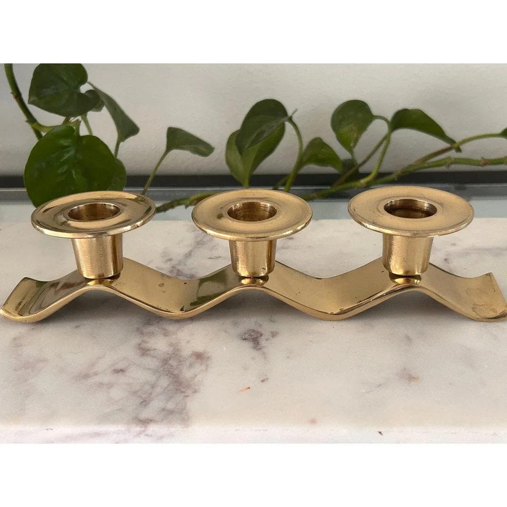 Vintage Solid Brass Wavy Ribbon Triple Taper Candle Holder MCM Made in Korea